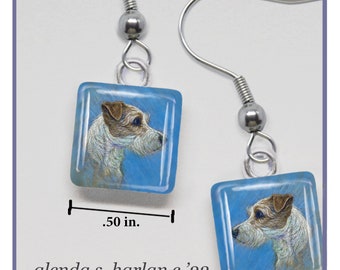 Russel Terrier Dog  Art on Pair of Glass Earrings