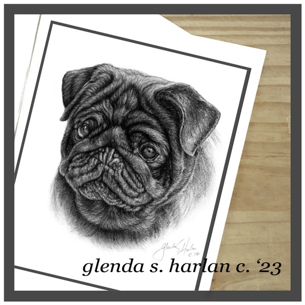 Black Pug Dog Note Cards Fine Art Drawing Dog Lover Pug Mom Gift