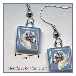 Australian Shepherd Glass Earrings Fine Art Drawing Dog Lover Gift for Her Aussie Dog Jewelry Blue Background