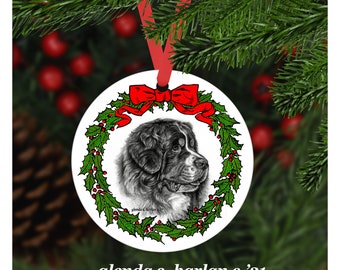 Könnte beinhalten: Runder, weißer Weihnachtsschmuck mit einem detaillierten Porträt eines Neufundländer-Hundes, umgeben von einem grünen Stechpalmenkranz mit roten Beeren und einer roten Schleife. Der Schmuck hängt an einem roten Band. Der Text unten lautet "glenda s. harlan c.'21".