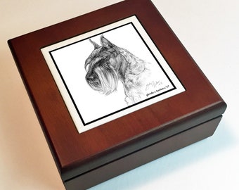 Standard Schnauzer Dog Fine Art Tile on Mahogany Wood Keepsake Box - FREE SHIPPING