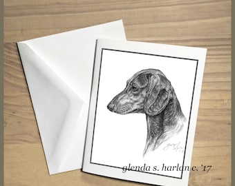 Smooth Dachshund Note Cards Fine Art Dog Drawing Dachsie Lover Dog Gift Dachsie Mom - Set of Four or Eight.