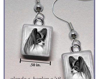 Papillon Black and White Glass Earrings Fine Art Drawing Dog Lover Gift Papillon Mom Jewelry