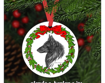 Belgian Sheepdog Christmas Ornament - Four Wreath Designs - Personalization Available