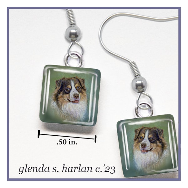 Australian Shepherd Red Tri Glass Earrings Fine Art Drawing Dog Lover Gift Aussie Dog Mom Jewelry