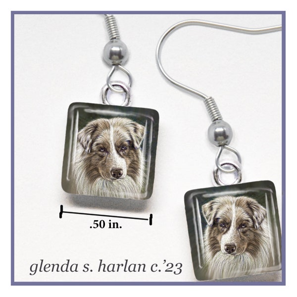 Red Merle Australian Shepherd Art Glass Earrings Fine Art Drawing Dog Lover Gift Aussie Mom Jewelry