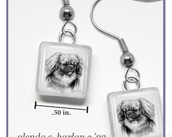 Tibetan Spaniel Glass Earrings Fine Art Drawing Dog Lover Gift Tibby Spaniel Mom Jewelry