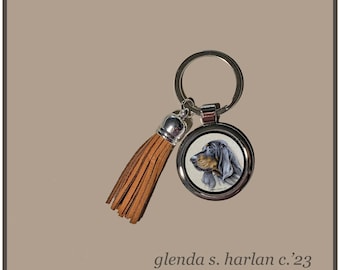 Black and Tan Coonhound Dog Key Ring Fine Art Drawing Key Chain Dog Lover Gift Dog Mom Gift Dog.