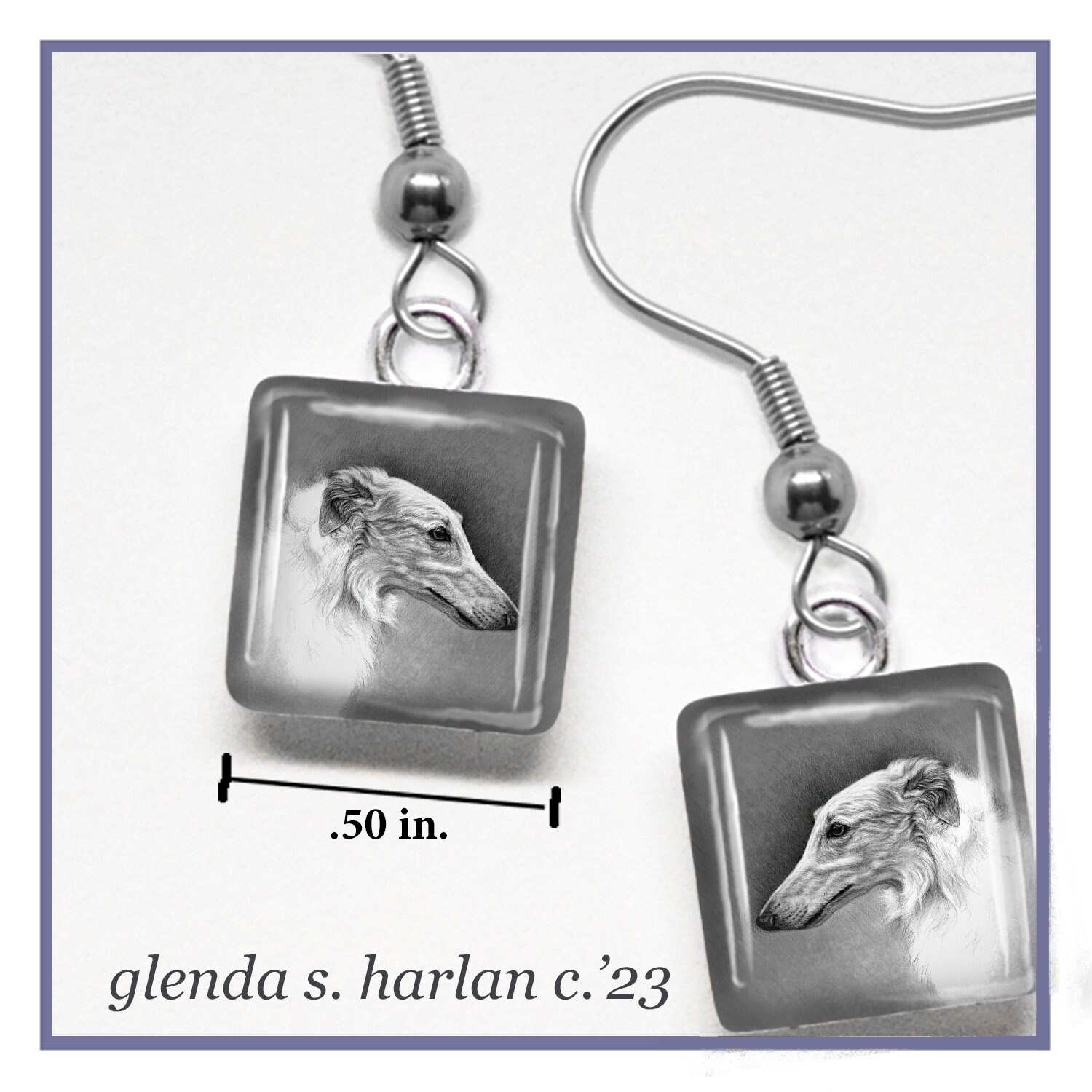 Borzoi Hound Dog Glass Square Boucles d’oreilles, Pendentif, ou Bundle et Save, Fine Art Drawing Dog Lover Gift Borzoi Jewelry