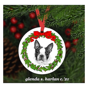 Boston Terrier Dog Christmas Ornament - Four Wreath Designs!