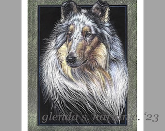 Rough Collie Blue Merle Dog Note Cards Disegno artistico Regalo per amante dei cani Collie Dog Mom Stazionario - Set di quattro o otto.