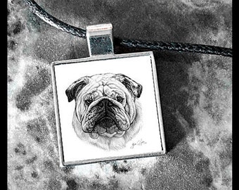Bulldog Silver Square Bezel Pendant, Black Adjustable Cord - Dog Jewelry, Bulldog Mom Gift, Gift for Her, Dog Lover