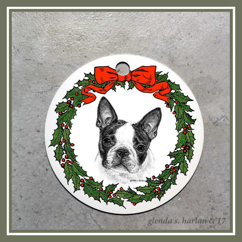 Boston Terrier Dog Christmas Ornament Four Wreath Designs Etsy