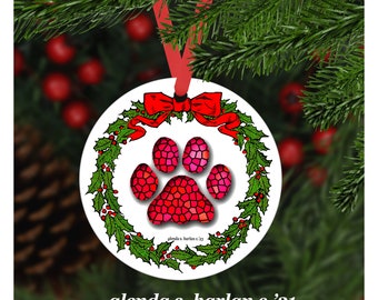 Red Dog Paw-Stained Glass Design Christmas Wreath Ornament
