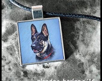 German Shepherd Square Pendant with Black Adjustable Cord - Dog Art Jewelry, Dog Mom Gift, Gift for Her, German Shepherd Lover