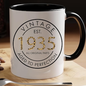 Leopard 90th Birthday Mug | Est 1935 All Original Parts 90th Birthday Mug, Funny 90th Birthday Gift For Mom, Grandma | Age to Perfection Mug