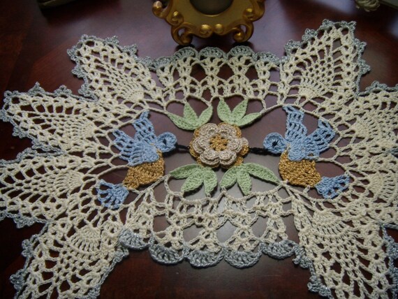 Items similar to Blue Birds, Sylver and gold, hand crochet doily on Etsy