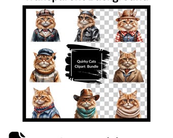 Quirky Cats Clipart Clipart: Transparent Background PNG Images (Digital Download)