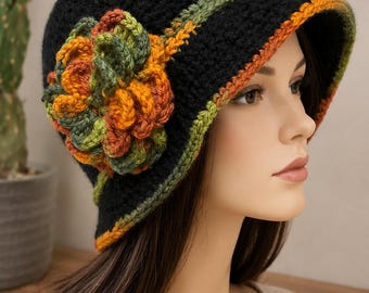 Handmade Crochet Brim Hat with Flower – Soft Acrylic Beanie