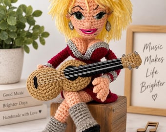 Dolly Parton Inspired Handmade Crochet Doll with Guitar and Walnut Stand