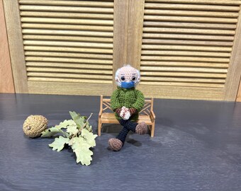 Bernie Sanders-Inspired Crochet Doll with Bench – Handmade Political Gift