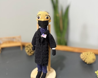 Handmade Barack Obama-Inspired Crochet Doll, Political Gift with Wood Stand