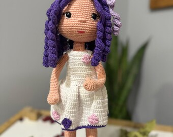 Crochet Cotton Yarn Doll – 15” Handmade Plush Toy with Wood Stand