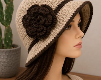 Gorro de invierno de acrílico, tejido a mano a crochet, con visera y flor.