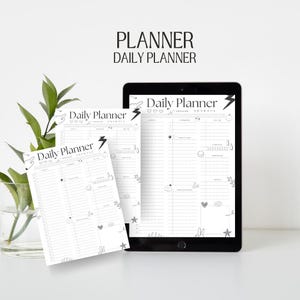 May include: Three black and white daily planner pages with the text "Daily Planner" at the top of each page. The pages are decorated with simple drawings of hearts, lightning bolts, stars, and other small designs.