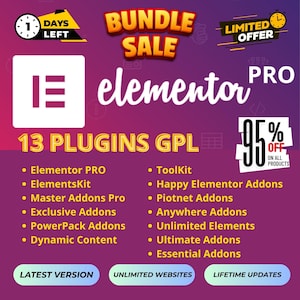 Elementor Pro GPL + Mega Bundle di 13 Add-On Plugin per Elementor Aggiornamenti a Vita + 2 Bonus Download Illimitati