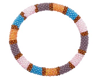 May include: A colorful beaded bracelet with stripes of pink, orange, brown, gray, and blue.