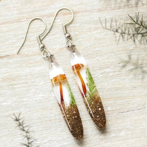 Nature earrings dangle, Mushroom resin earrings, Terrarium earrings, Forest jewelry, Moss earrings, Long bar earrings, Real mushroom jewelry