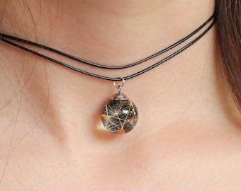 Real Dandelion Seed Choker Necklace, Minimalist Black Double Cord Pendant