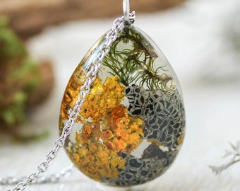 Terrarium Necklace, Real Lichen and Moss Pendant, Forest Jewelry