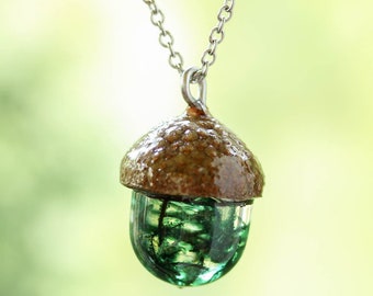 Real Acorn Necklace with Real Moss, Woodland Jewelry for Women or Men