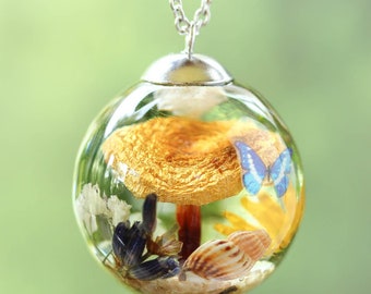 Terrarium Garden Necklace, Real Mushroom and Flower Pendant in Botanical Jewelry