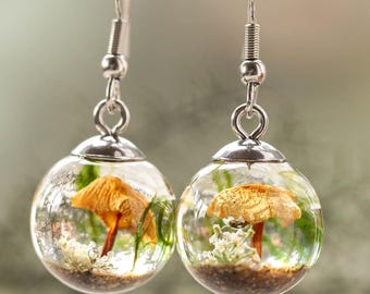 Real Mushroom Terrarium Earrings, Woodland Resin Jewelry