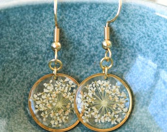 Dainty Queen Anne's Lace earrings gold: Pressed Wildflower Jewelry, Floral earrings dangle