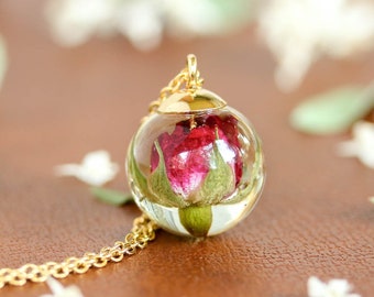 Dainty Red Rose Necklace, Real Flower Charm Pendant