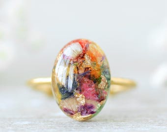Custom preserved flowers bouquet ring, Dainty oval 14k Gold Filled Keepsake