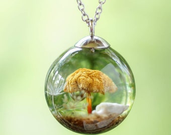 Real Mushroom and Moss Resin Necklace, Woodland Terrarium Jewelry
