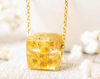 Real Yellow Flower Cube Necklace, Dainty Geometric Gold Botanical Jewelry