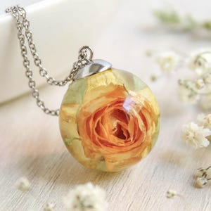 Resin rose necklace, Preserved flower necklace, Unique birthday gifts for daughter, Dainty flower pendant necklace, Yellow rose jewelry