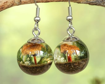 Real Mushroom and Moss Earrings, Mini Forest Terrarium Jewelry