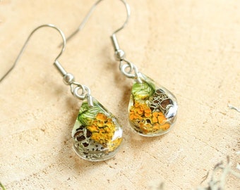 Pressed Lichen Teardrop Earrings, Forest Botanical Jewelry