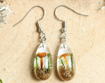 Forest Inspired Earrings, Tiny Mushroom and Moss Jewelry in Cottagecore Fairy Style