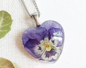 Pressed pansy flower necklace, Purple flower necklace, Flower lover gift ideas for women, Real flower pendant necklace, Dried pansy jewelry