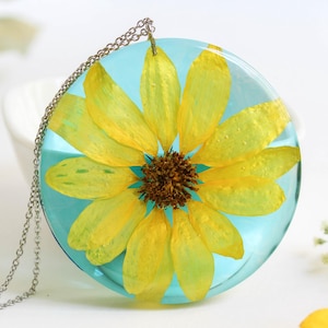 Pressed flower necklace, Sunflower pendant necklace, Yellow flower necklace, Christmas gift for women, Sky blue necklace, Botanical necklace