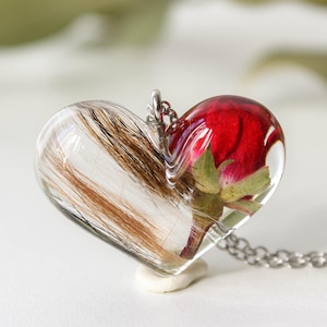 Custom pet memorial necklace, Pet hair keepsake necklace, Memorial gift ideas for loss, Preserved flower rose necklace, Resin memorial heart