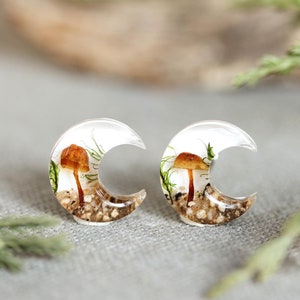 Mushroom earrings stud, Crescent moon earrings stud, Enchanted forest earrings, Miniature earrings, Mushroom terrarium earrings, Dried moss